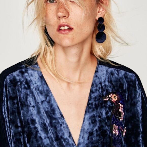 Zara Navy Crushed Velvet Kimono Beaded Peacock Bird Wrap Blouse - Picture 11 of 11